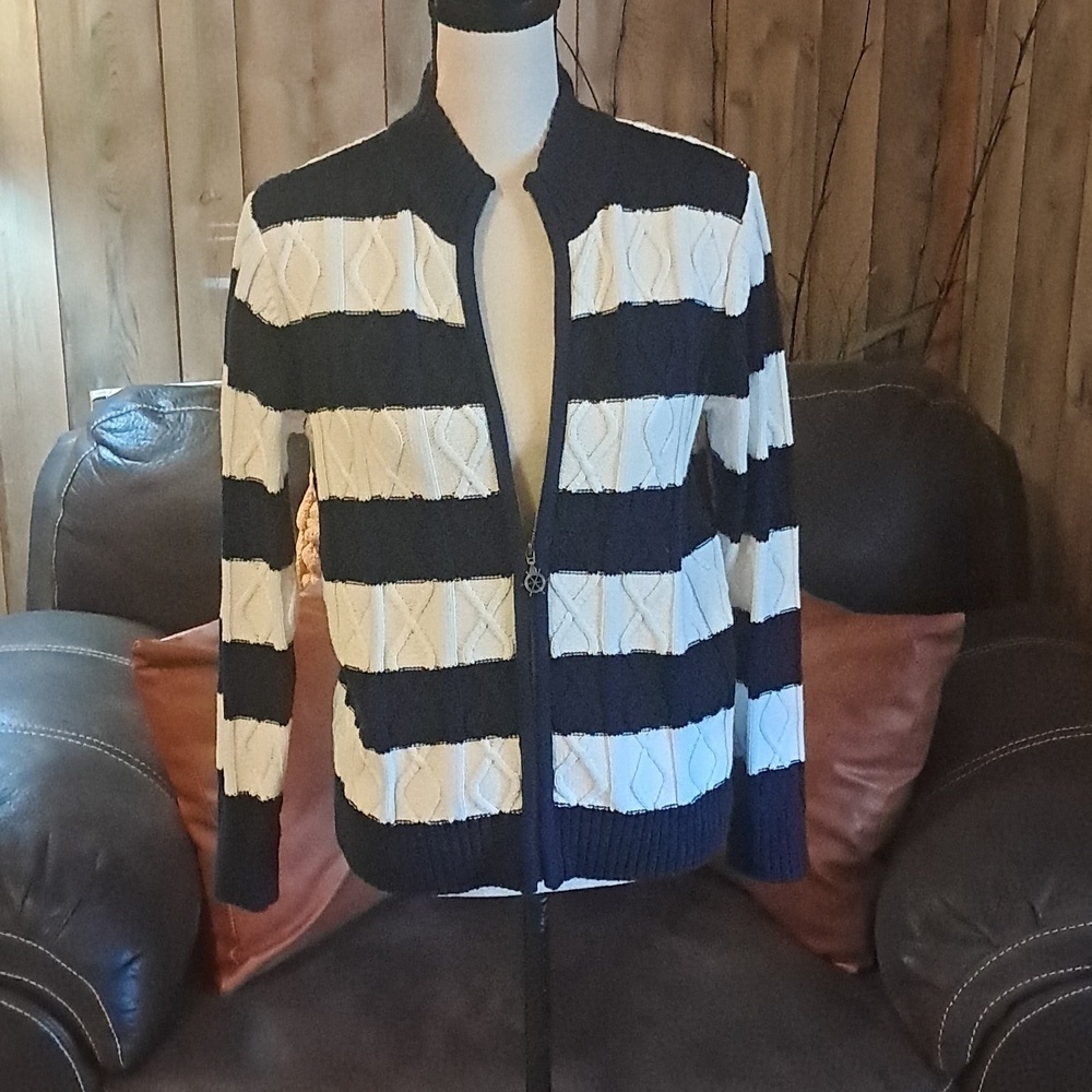 Appleseeds Zip-Up Nautical Striped Cable Knit Cardigan Sweater Classic Nautical